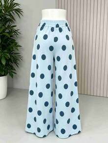 Women's Light Blue Polka Dot Wide Leg Pants, Loose-Fitting Plus-Size Casual Streetwear, Suitable For Back-To-School Shopping, Soft Draped Clothing. - Sky Blue - View 11