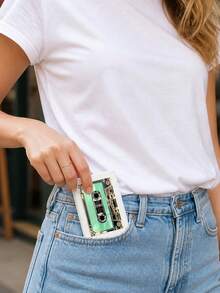 Cyber Retro Style Cassette Tape Print Card Holder, With SIM Card Pin Slot, Includes Matching Card Pin (SIM Card Not Included), Cassette Tape Print SIM Card Storage Box, SIM Card And SD Card Storage Case, Can Store SIM Card/SIM Card Pin - Multicolor - View 6