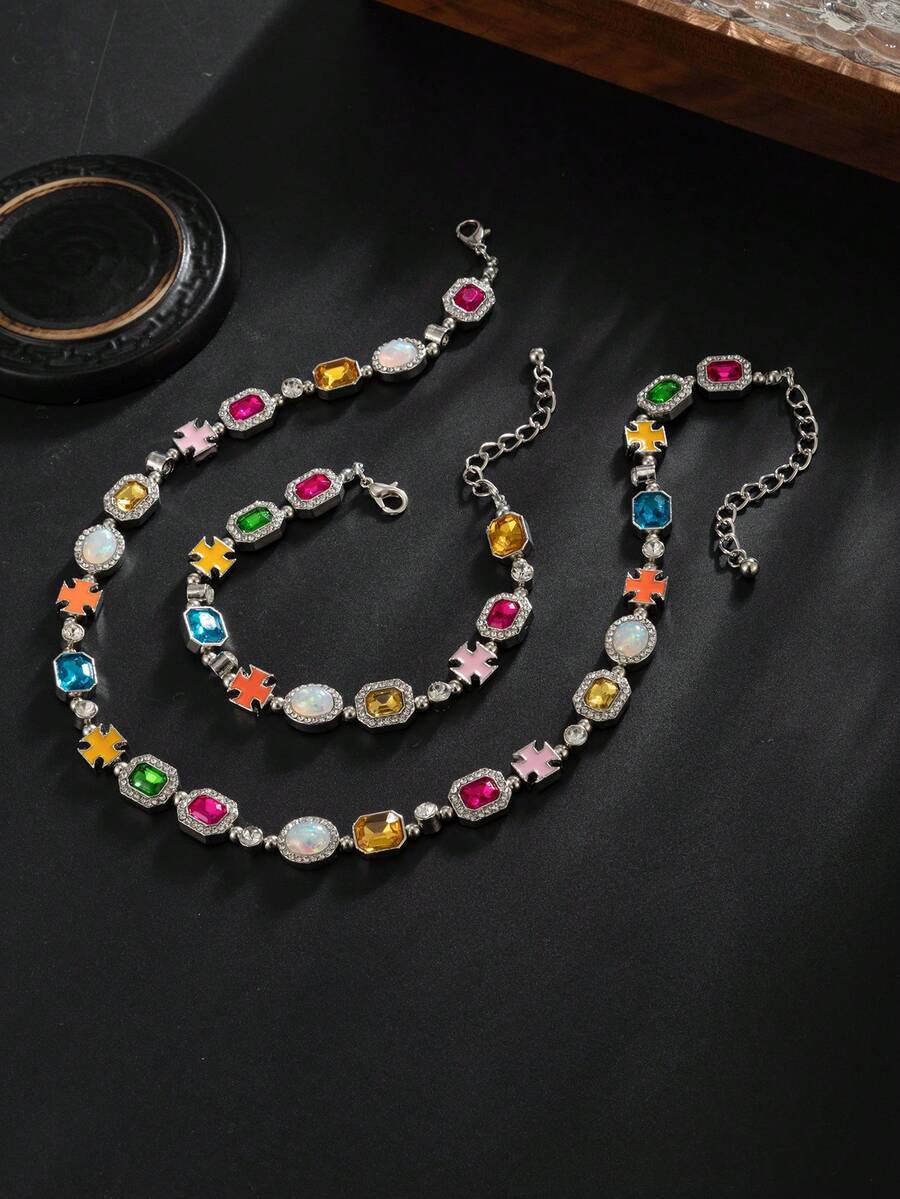 Simple Multi-Color Rhinestone Hip-Hop Oil Drip Cross Necklace Simple Clavicle Chain Suitable For Party Street Festival Wear - Gold - View 1