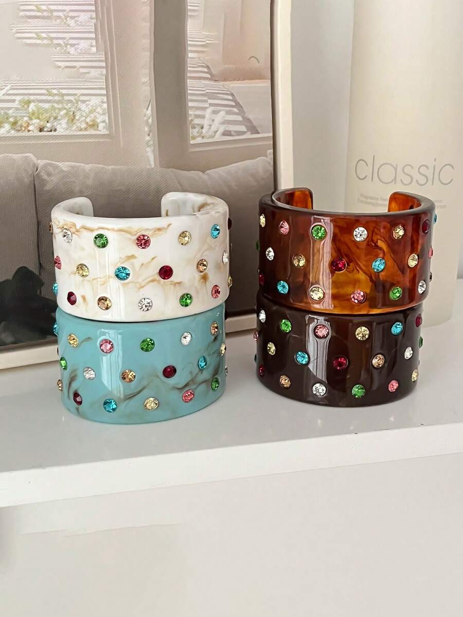 1pc Fashionable Retro Colorful Rhinestone C-Shaped Resin Bracelet, Cute Vacation Fresh Highly Attractive Women's Bangle - Bracelet - View 1