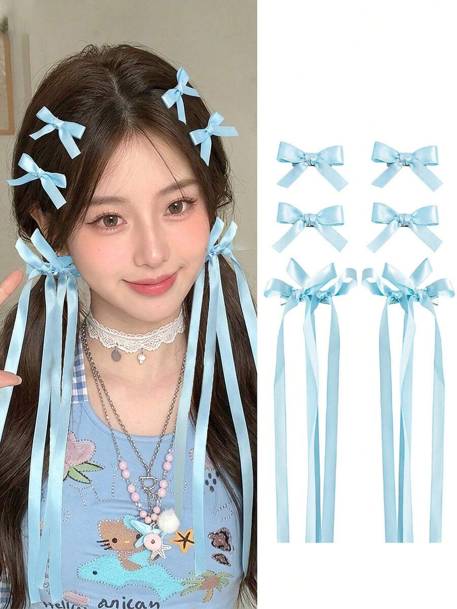 6pcs Blue Bow Hair Clips Sweet Girl Hair Accessories Double Ponytail Braid Ribbon Hair Clips Alligator Hair Clips - Multicolor - View 1