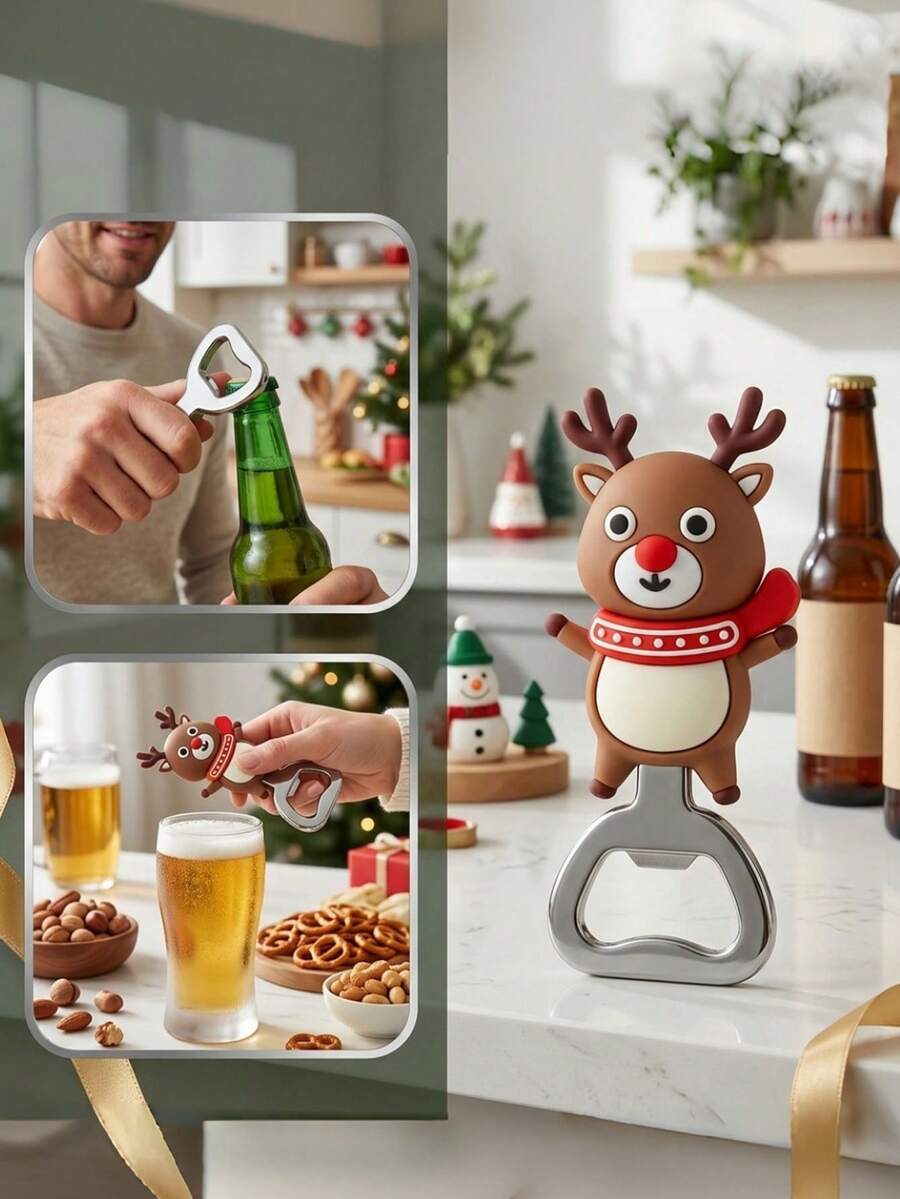 1pc Christmas Reindeer Bottle Opener, Effortless Opening, Suitable For Parties, Home Bar, Kitchen, Backyard Gatherings And More, Ultra-Lightweight And Cute Design, Convenient - Multicolor - View 1