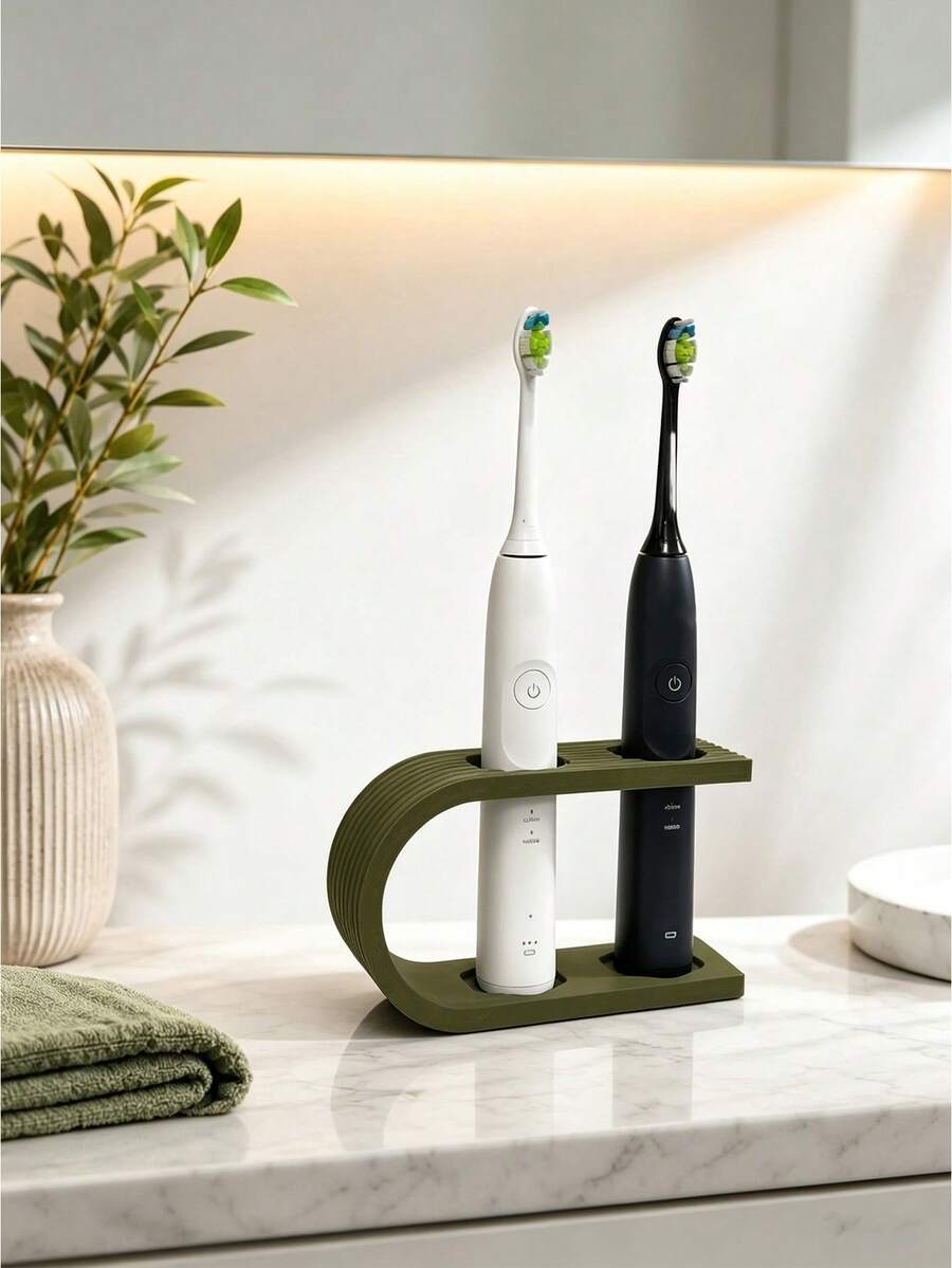1pc Bathroom Toothbrush Holder, Waterproof Space-Saving Desktop Display, Suitable For Apartment Bathroom Cabinet, Sink Countertop, Perfect For Renters And Bathroom Storage Enthusiasts, Fashionable Vanity Countertop Accessory, Modern Dual-Slot Electric Toothbrush Countertop Storage Rack - Multicolor - View 1