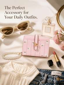 Floral PU Leather Short Wallet, Heart Buckle Card Holder With Pearl Shoulder Strap, Cute Coin Purse With Card Slots - Multicolor - View 9