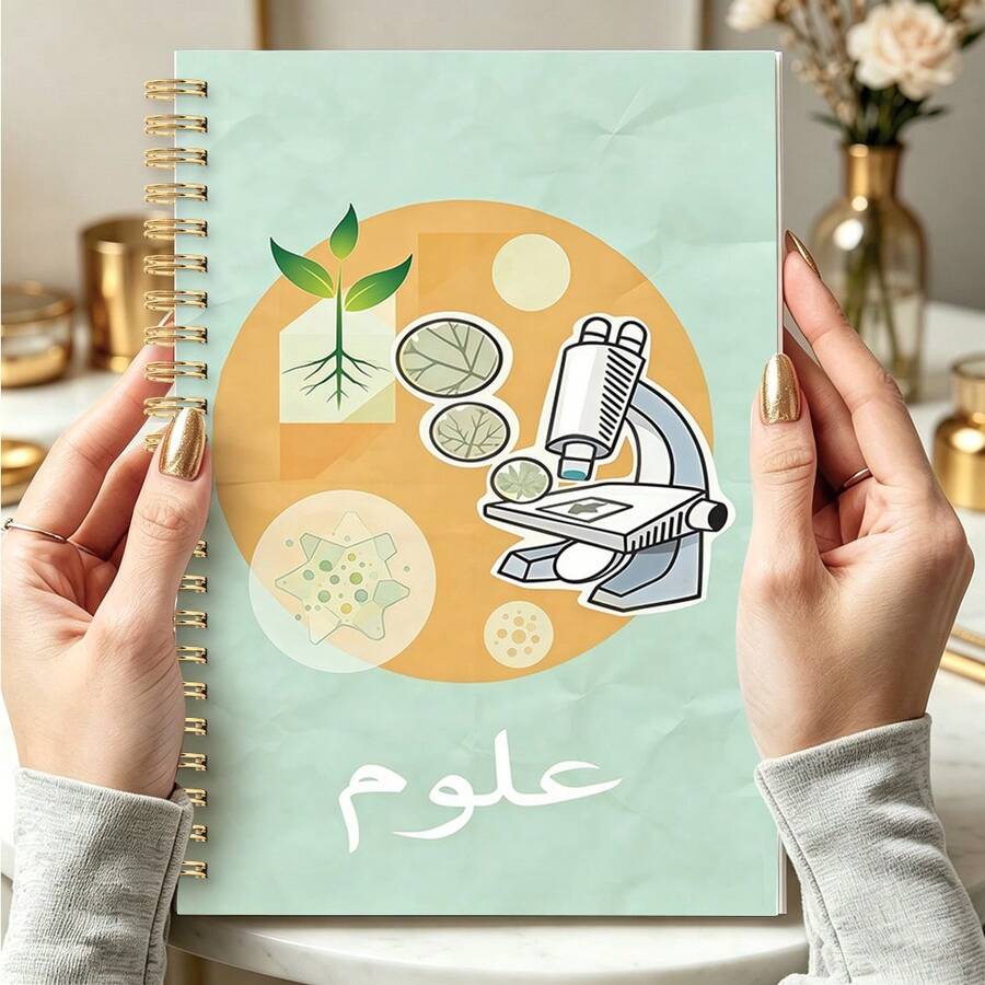 1 قطعة دفتر ملاحظات حلزوني علمي عربي 14*21 سم، غلاف ناعم بلون أخضر نعناعي مع رسم مجهر ونبات، دفتر يوميات فصل الأحياء للطلاب - العلوم - مشاهدة 1