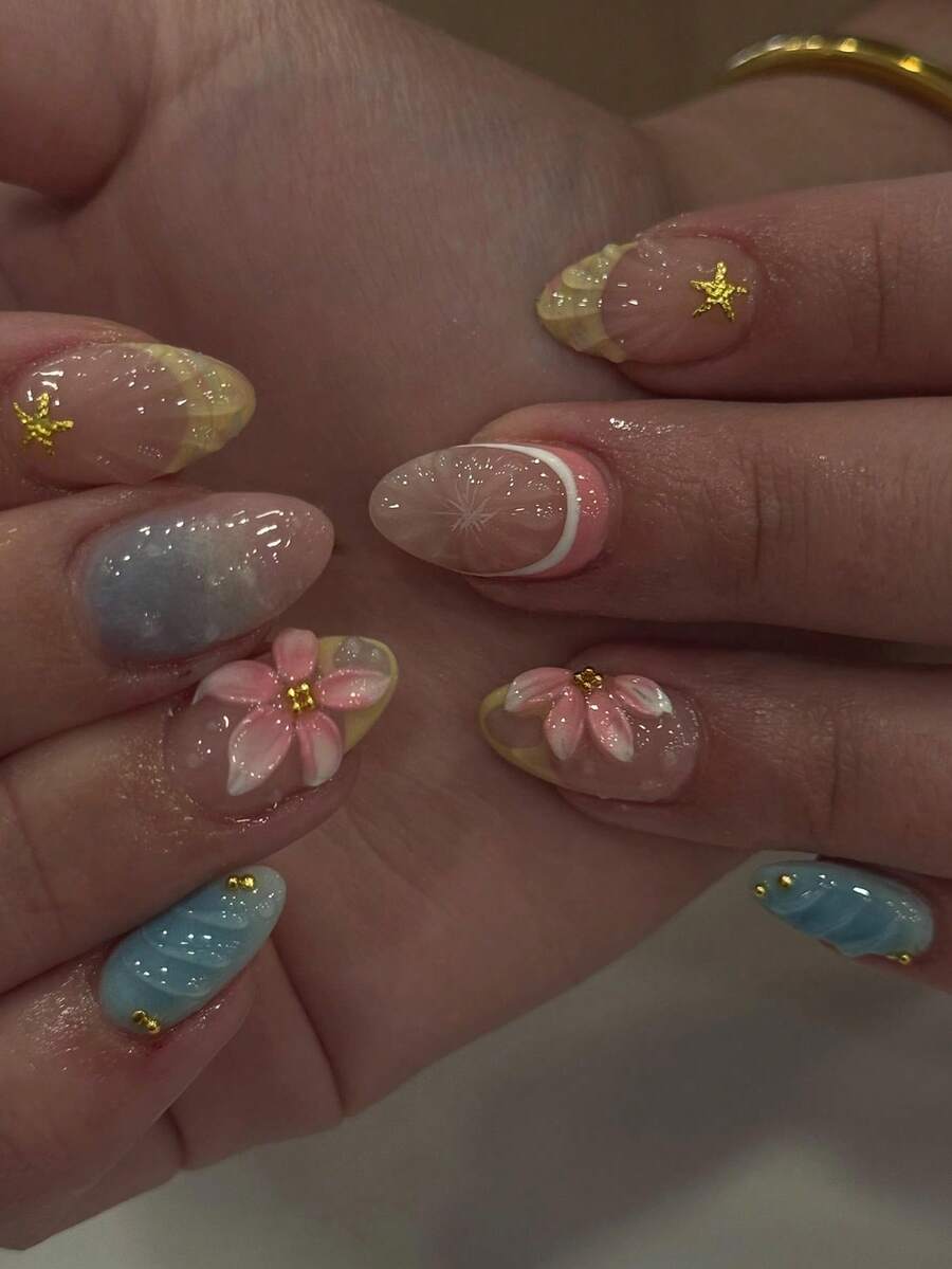 24片短杏仁形秋季美甲貼紙,黃色水波紋法式3D葡萄柚粉色花朵美甲,合金壓入式凝膠美甲套組(含1片果凍膠和1片美甲锉),適合女性日常、約會與派對 - 彩色 - 查看 1