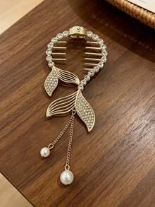 1pc Luxury Sparkling Rhinestone Fish Tail Clip, Vintage Hollow Metal Pearl Pendant Hair Clip, Elegant Women's Hair Accessory For Wedding - Multicolor - View 6