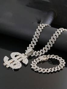 Hip Hop Full Rhinestone Dollar Sign Pendant Necklace & Bracelet Set, Men's Cool Iced Out Cuban Chain Street Style Personalized Accessory, Holiday Gift - Dollar Sign Necklace Set - View 15