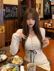 韓式對比色緞帶領結羅紋針織上衣，大U領鎖骨鏤空腰部蝴蝶結收腰打底襯衫 - 杏色 - 查看 5