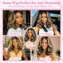 Smilegirl 16-Inch Brown Bob Curly Human Hair Wig, 5x5 HD Lace Closure Wig, Glueless Wig For Women - Blonde Highlight - View 7