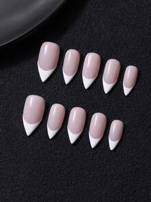 10pcs/Set Handmade Press-On Nails, Almond Shape, Autumn/Winter Hand-Painted White French, Minimalist Nude Pink, Y2K Style, With 1pc Jelly Glue And 1pc Nail File, Suitable For Daily And Party Nail Care - Multicolor - View 1