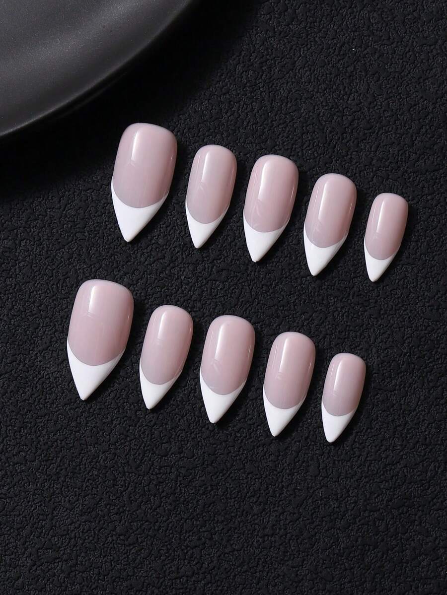 10pcs/Set Handmade Press-On Nails, Almond Shape, Autumn/Winter Hand-Painted White French, Minimalist Nude Pink, Y2K Style, With 1pc Jelly Glue And 1pc Nail File, Suitable For Daily And Party Nail Care - Multicolor - View 1