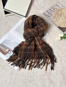 1pc Women's Autumn/Winter Shawl Scarf, Color Block Plaid With Tassels - Bitter Almond - View 2