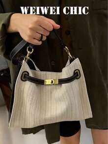 Tote Bag, Minimalist Trapezoid Body With Metal Lock Detail For Refined Look, Detachable Dual Shoulder Straps For Hand-Carry Or Underarm Wear, Moderate Capacity For Daily Essentials, Suitable For Commuting, Shopping, Casual Outings, Effortlessly Creating A Gentle And Timeless Everyday Style - Beige - View 8