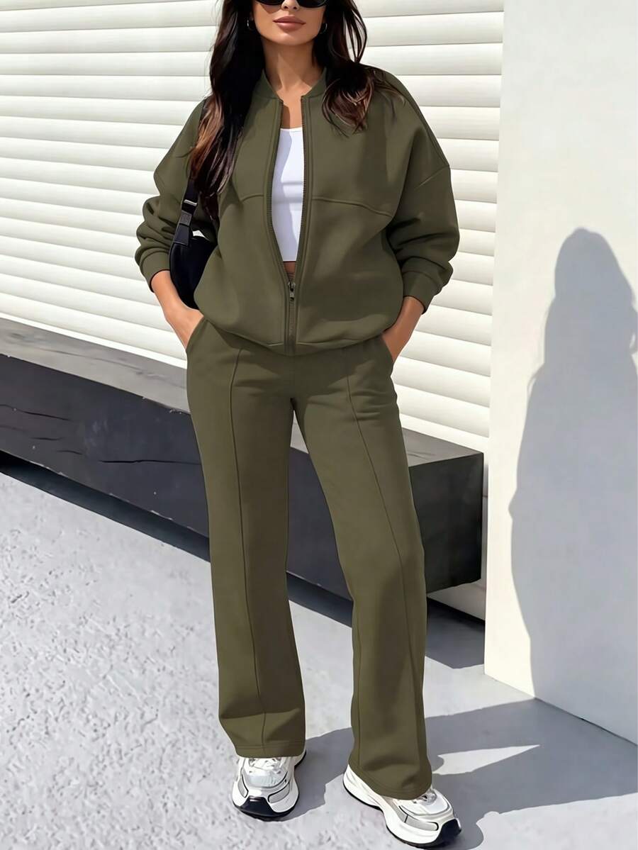2pcs Casual Solid Color Sweatshirt Jacket Top And Straight Pants Set, Soft Fleece Fabric, Suitable For Spring, Autumn And Winter Elegant - Green 88# - View 1