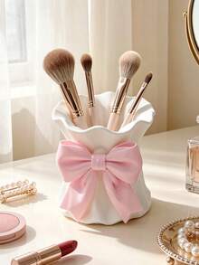 1pc Satin Bow Makeup Brush Holder, Wavy Ruffle Edge Cosmetic Tool Storage Box, Can Hold Makeup Brushes, Eyeliner, Eyebrow Pencil, Lipstick, Eyebrow Brush, Makeup Sponge And Various Small Beauty Tools, Suitable For Desktop, Vanity, Dorm Use, Girls Desktop Decoration Gift - Multicolor - View 2