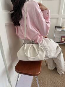 Handheld Pleated Bag With Round Metal Buckle Decoration, Dual-Use Handheld And Crossbody, Metal Clasp Closure, Vintage Gentle Style, Metal Clasp Underarm Bag, Suitable For Women's Daily Dates And Outings, Compact And Exquisite, Combines Aesthetics And Storage, Matches Various Outfit Styles - Beige - View 5
