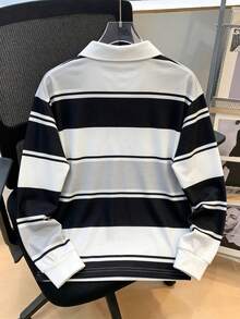 1件男童經典日常百搭拼色條紋小領 Polo 衫運動衫，學院風，秋冬款 - 黑與白 - 查看 2