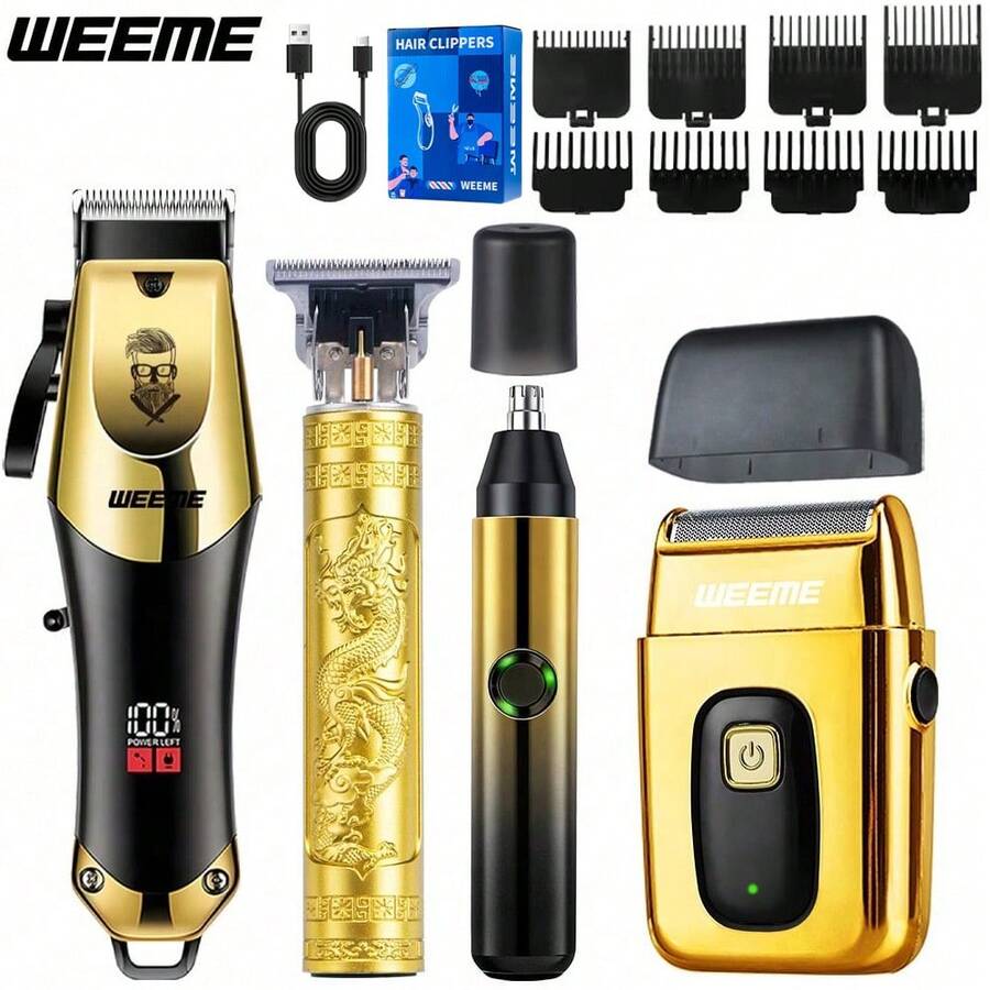 WEEME 男士理容套組 4件/3件/2件/1件：電動理髮器、T型刀頭修剪器、電動刮鬍刀與鼻毛修剪器 | 全方位居家理髮套組 | 時尚金色設計
