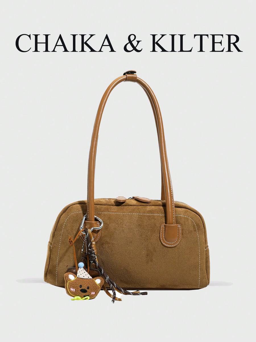 CHAIKA & KILTER 1件裝純色麂皮布料女款復古時尚啞光保齡球包，對比色絎縫縫線雙手柄設計，拉鍊開合，適合日常與外出使用