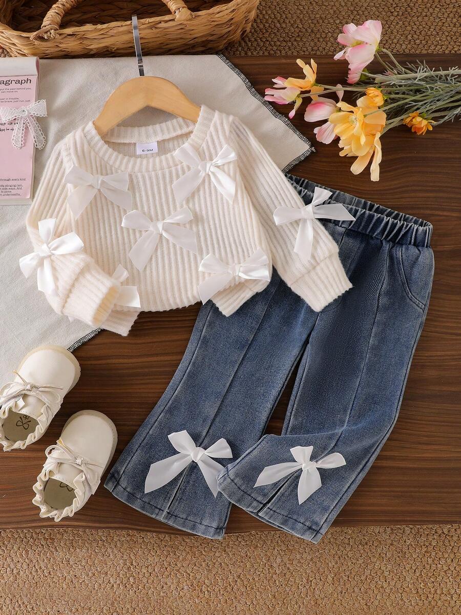 Baby Girl Gentle Cream Color 2-Piece Set, Multiple 3D Satin White Bow Round Neck Long Sleeve Pullover Knit Top + Light Blue Denim Flare Pants With Front Slit And Bow Decor - Apricot - View 1