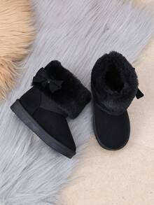 Fabric Bow Decoration, Black Plush Flanged Girls' Snow Boots, Winter Little Girls' One Foot Short Boots - Black - View 6