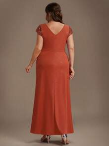 EVERPRETTY Elegant Burnt Orange Plus Size Mother Of The Bride Dress, V-Neck Pleated Waist Design, Sequin Patchwork Fall Wedding Party - Burnt Orange - View 3