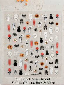 1pc Full‑Size Nail Stickers,5D Embossed Design,Skull Ghost Pumpkin Black Cat Spider Web Bat Pattern,Waterproof Self‑Adhesive,For Halloween Party DIY Nail Art Decorations - Multicolor - View 6