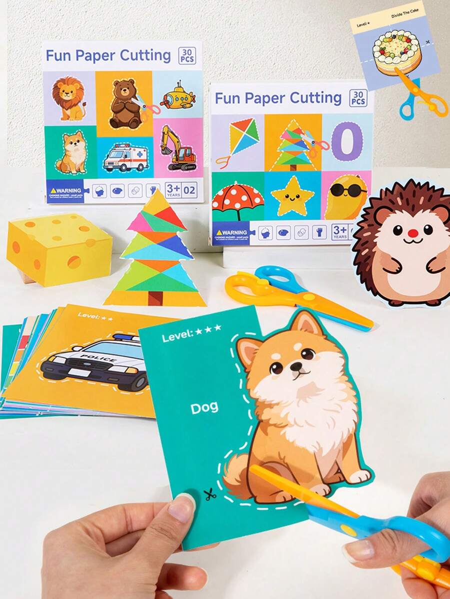 30Pcs Kids Scissor Skills Paper Cutting Set, STEM Craft Classroom Reward, Birthday Christmas Party Kit With Animal & Vehicle Patterns | Gift