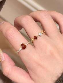 1pc Minimalist Fashion Red Oil Drop Gourd Four-Leaf Flower Open Ring, Luxury High-End Stackable Versatile Index Finger Ring For Women, New Year - Multicolor - View 2