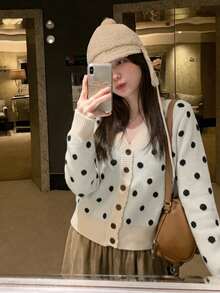 Polka Dot V-Neck Knit Cardigan Slimming Women's Short Sweater, Autumn - Apricot - View 8