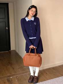 College Style Contrast Color Polo Collar Cable Knit Single-Breasted Embroidered Cardigan Top - Navy Blue - View 8