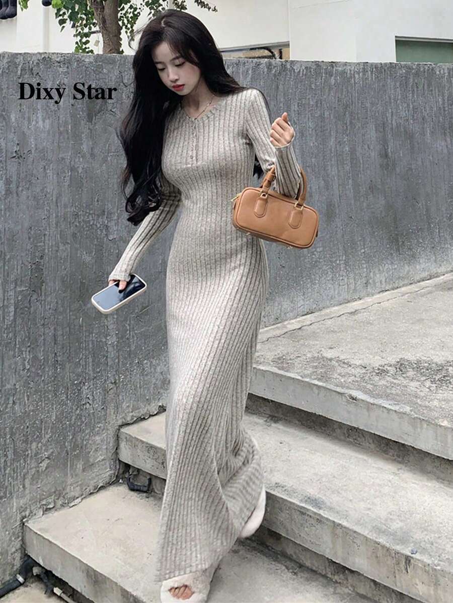 Gaun Rajut Lengan Panjang Kasual Minimalis Warna Polos untuk Wanita, Elegan untuk Musim Semi - Aprikot - View 1