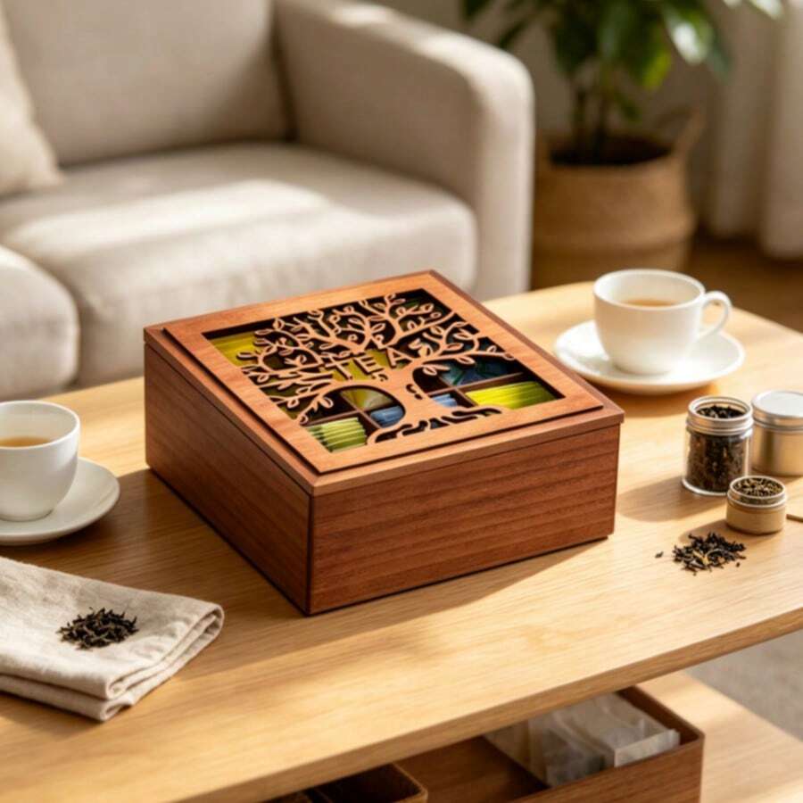 1pc Solid Wood Handmade Laser Hollow Tree Of Life Carved Square Divided Storage Box With Lid, Tea Storage Box, All-Season Kitchen Countertop Dining Table Home Storage Decor Box - Multicolor - View 1
