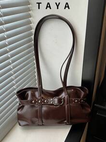Women's Vintage Faux Leather Shoulder Bag, With Rivet Buckle Strap Decoration, Pleated Design, Soft Underarm Handbag, Retro Y2K Style, Large Capacity, Daily Commute Shoulder Bag - Coffee - View 2
