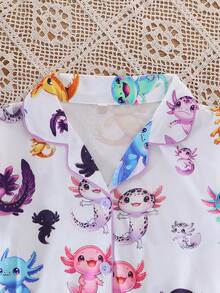 2pcs Colorful Cartoon Hexagon Dinosaur Print Lapel Long Pants Pajamas, Flame Retardant Fabric, All Season Wear, Girls, Toddlers, Big Tween Girl, Teens - Multicolor - View 5