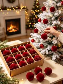 12pcs/Set Burgundy Christmas Balls, Red Flocked Christmas Balls, Christmas Tree Decor Balls, Christmas Decorations, Christmas Hanging Decor, Christmas Party Decor, Christmas Home Decor, Christmas Room Decor, Indoor/Outdoor Christmas Decor, Christmas Party Supplies, Christmas Eve Decor, Christmas Stocking Fillers, Xmas Decor, Winter Decor, Christmas Gifts, Christmas Party Bag Fillers, Party Favors, 2027 New Year - Red - View 3