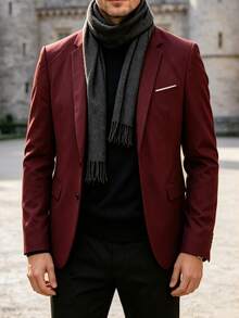 Burgundy Premium Minimalist Business Formal Men's Suit - Notch Lapel Single-Breasted Slim Fit, Featuring Eye-Catching Contrast Color Pocket Trim And Exquisite Cuff Buttons, Suitable For Weddings, Business Meetings, Wedding Banquets And Parties - Burgundy - View 4