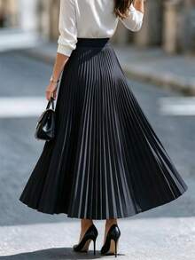 DONICY Women's Navy High Waist Side Button Pleated Splice Midi Skirt, Asymmetric Flowy A-Line Long Skirt For Fall Winter Office Daily Wear - Royal Blue - View 2