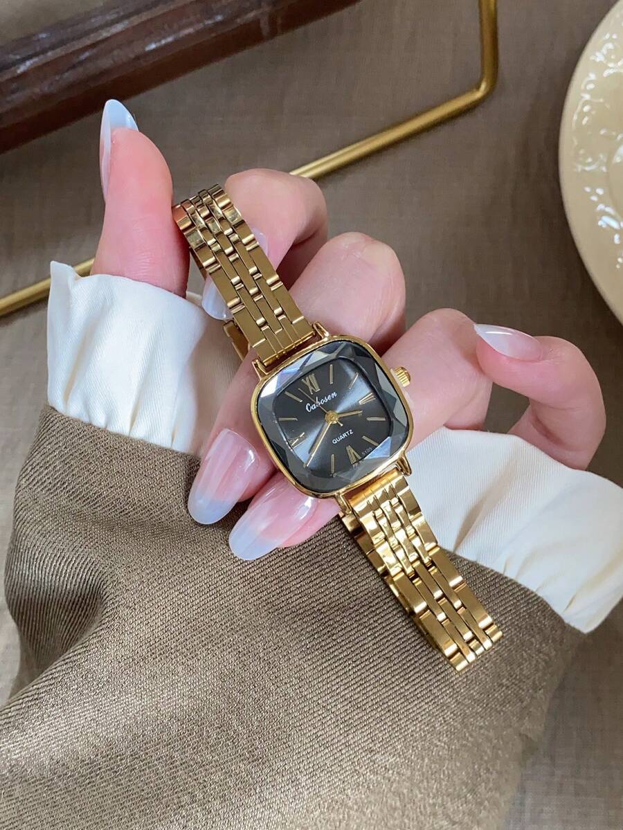 1件黑色錶盤金色錶殼極簡刻度經典時尚金色方形石英女款腕錶，適合日常禮物 - 金色 - 查看 1