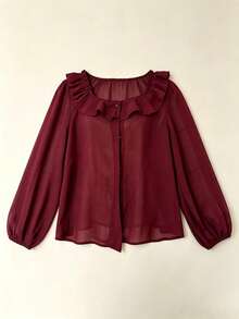 2026 New Ruffled Front Button Square Collar Blouse, Unique Design Sheer Effect For Women - Burgundy - View 3