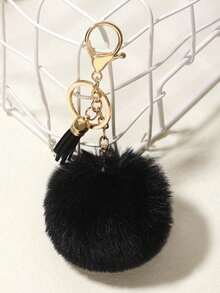 Fluffy Faux Fur Pom‑Pom Keychain, Tassel Decor Metal Lobster Clasp Key Ring, Soft Plush Ball Bag Charm Pendant For Handbag Backpack Car Keys - Coffee Brown - View 3