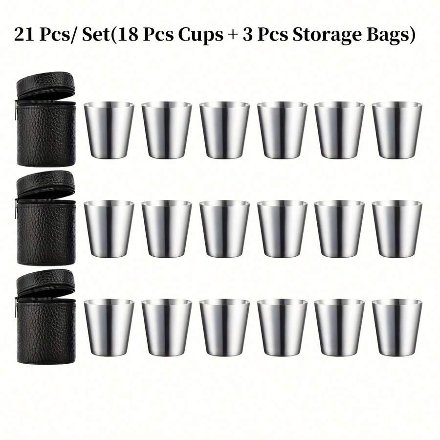 21 Pcs/ 3 Set Stainless Steel Shot Glasses Set With Leather Case, Small Cups For Hip Flask, Reusable Metal Cups For Wedding Party Carnival, Smooth Edge & Easy To Carry - View 1