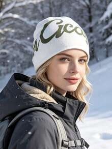 JOYLORD 1pc Women's Autumn/Winter American Style Warm Ear-Covering Beanie Hat, Acrylic Knit Slouchy Cap, Reversible, Large Head Circumference, Letter Design - A - View 5
