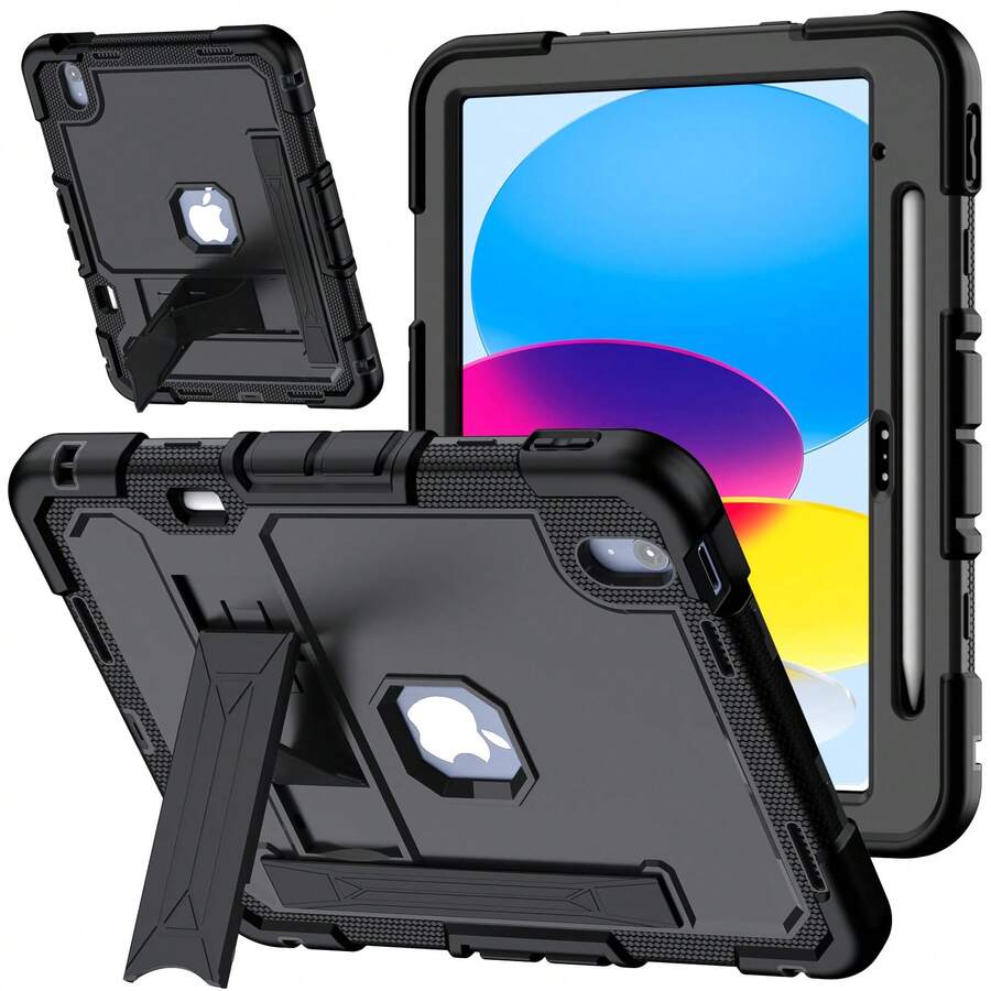 Heavy Duty Anti-Drop Tablet Protective Case, Adjustable Stand, Wrist Strap, 3-In-1 Shockproof And Anti-Drop, European And American Style, Compatible With Apple And Tablet Protective Case, (Some Models With Electronic Pen Slot) - Black - View 1