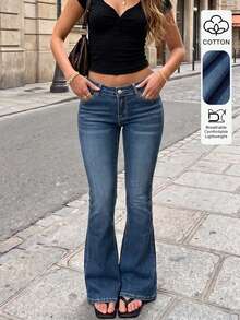 Casual Chic Basic Women's Washed Denim Low Waist Skinny Flare Maxi Pants, New Style - Dark Wash - View 2