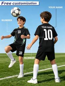 [Customized]Boys & Girls Personalized Name & Number Custom Jersey Set, Children's Sports Burn-Out Print Short Sleeve Jersey & Shorts 2 Pieces Outfit For Soccer, Sports, Cycling - Black - View 6