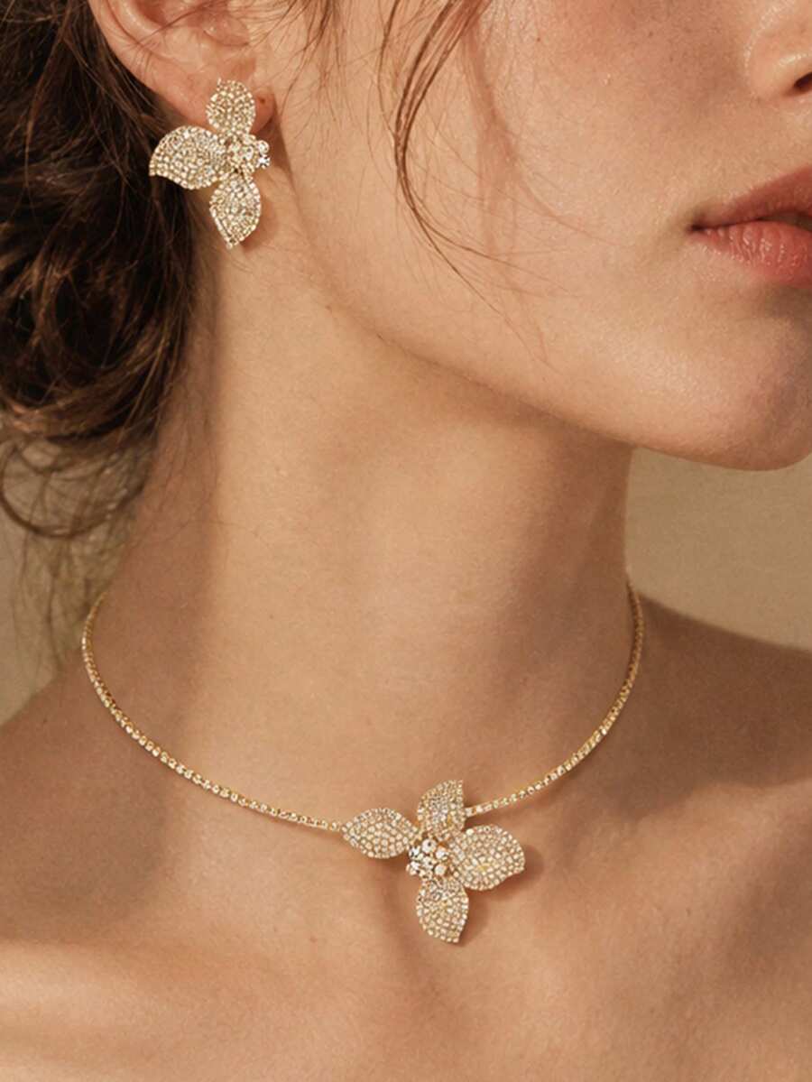 outingfit 1 Set New Full Rhinestone Leaf Necklace & Earrings Set, Versatile Party Fashion Jewelry Floral Accessories Necklace Set - Gold - View 1