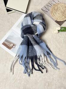 1pc Black & Grey Plaid Women's Scarf, Rectangular Tassel Scarf Suitable For Autumn/Winter Daily Use - Dogtail Navy Blue and White Plaid - View 2