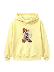 1pc Girls' Yellow Halloween Sweatshirt With Knit Hat, Reading Ghost Graphic, Long Sleeve Pullover Sweatshirt, Perfect For Party Girls, Holiday Gift - Yellow - View 2